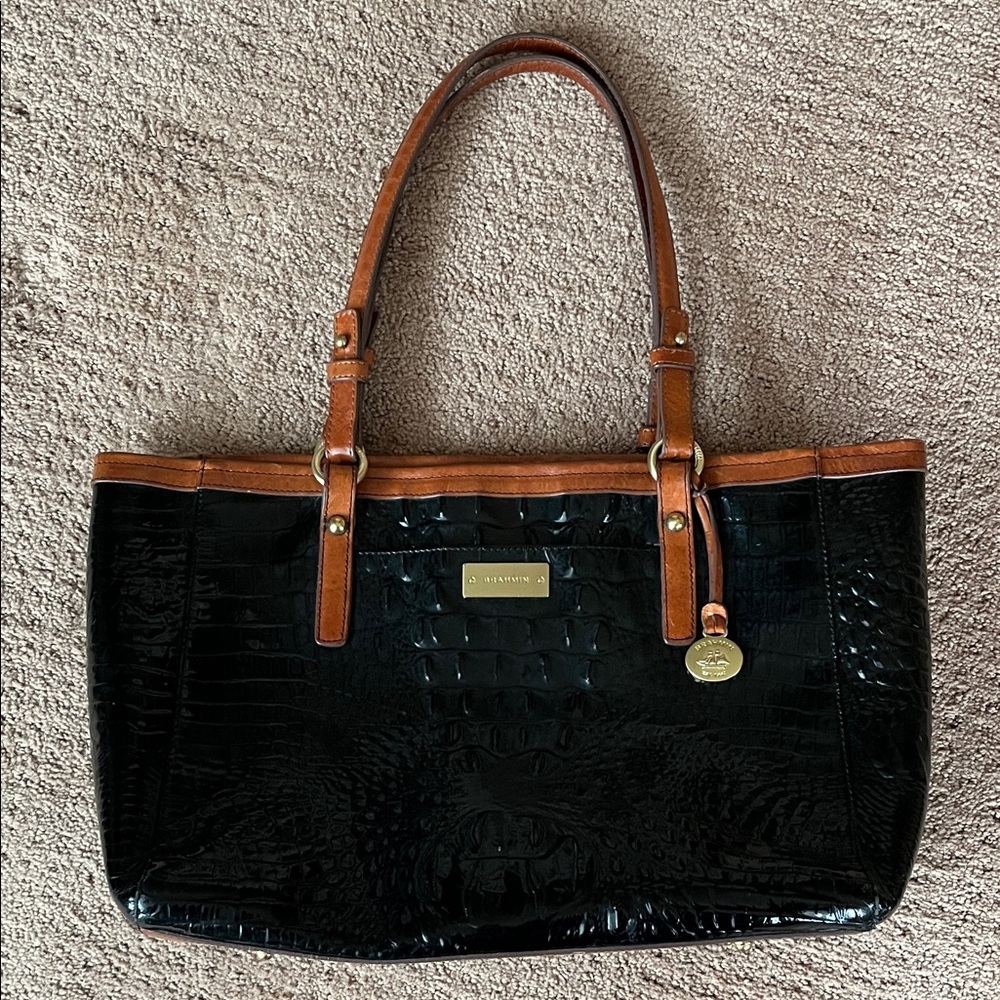 Brahmin Black and Tan Crocodile Embossed Bag